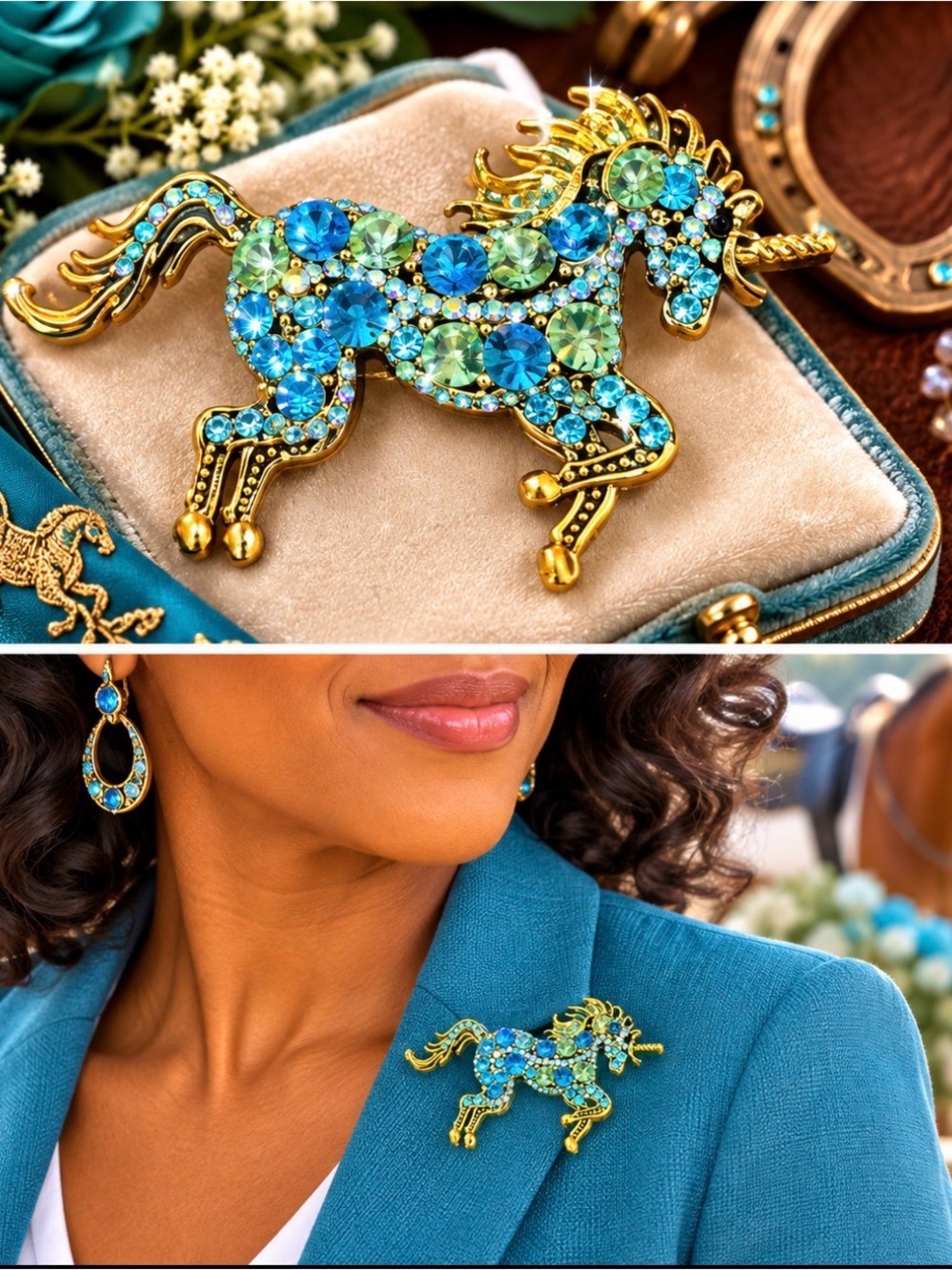 Gold Unicorn Brooch with Blue and Green Crystals - Women Jewelry